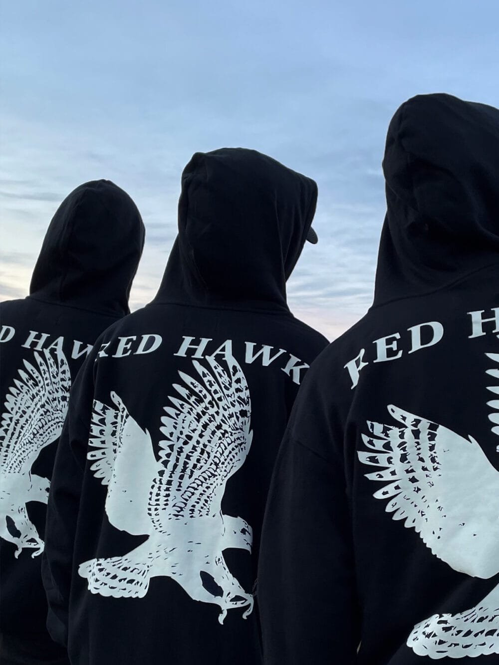 3 modelos de costas vestindo moletom red hawk